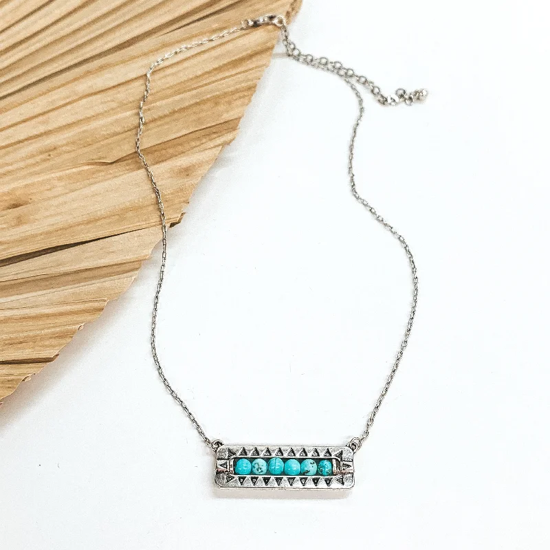 custom name necklaces for women-Friendly Ties Necklace with Turquoise Stone Beaded Horizontal Bar Pendant in Silver