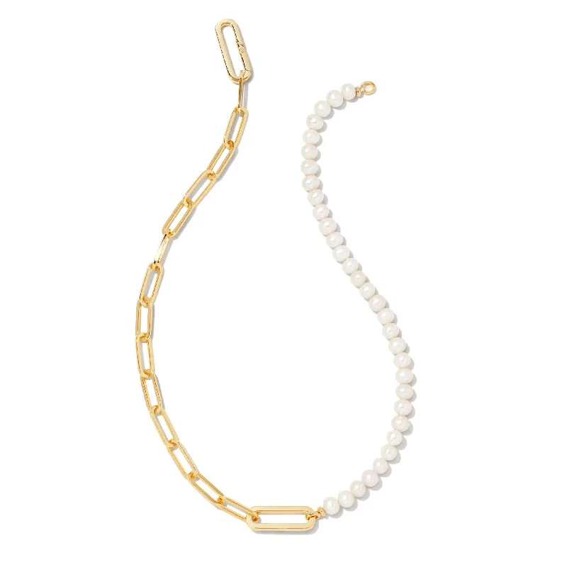 wedding necklaces for women-Kendra Scott | Ashton Gold Half Chain White Pearl Necklace