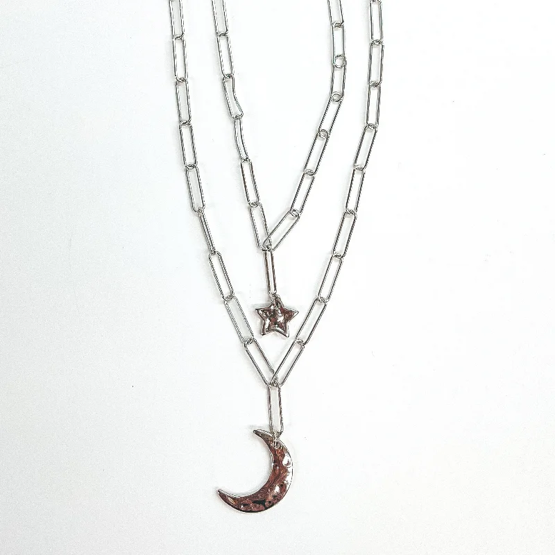 infinity necklaces for women-Night Wishes Double Layered Paperclip Chain with Star and Moon Pendant in Silver