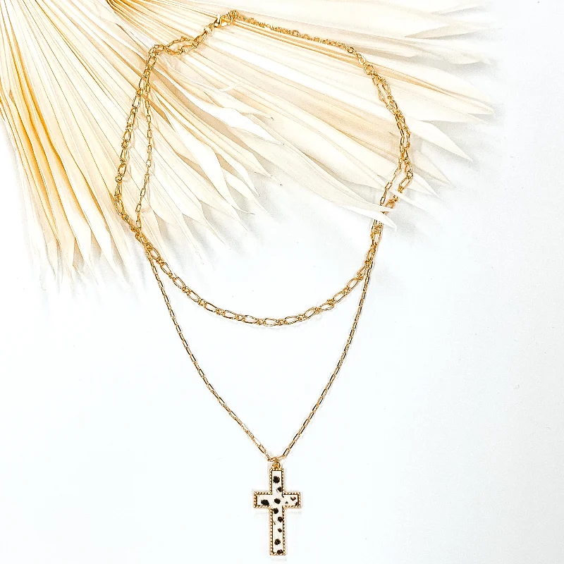 gold necklaces for women-Layered Chain Necklace with Cross Pendant in White Dotted Print