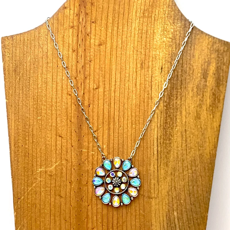 lock necklace pendants for women-Desert Daisy Silver Tone Flower Concho Necklace in Light Pink and Turquoise