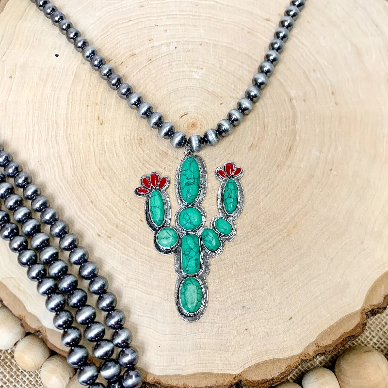 layered silver necklaces for women-Faux Navajo Pearl Silver Tone Necklace with Stone Cactus Pendant in Green and Red