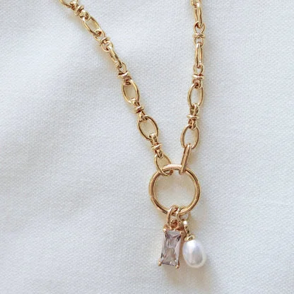 trendy necklaces for women-Kinsey Designs | Sophie Gold Tone Chain Necklace with CZ Crystal and Pearl Charms