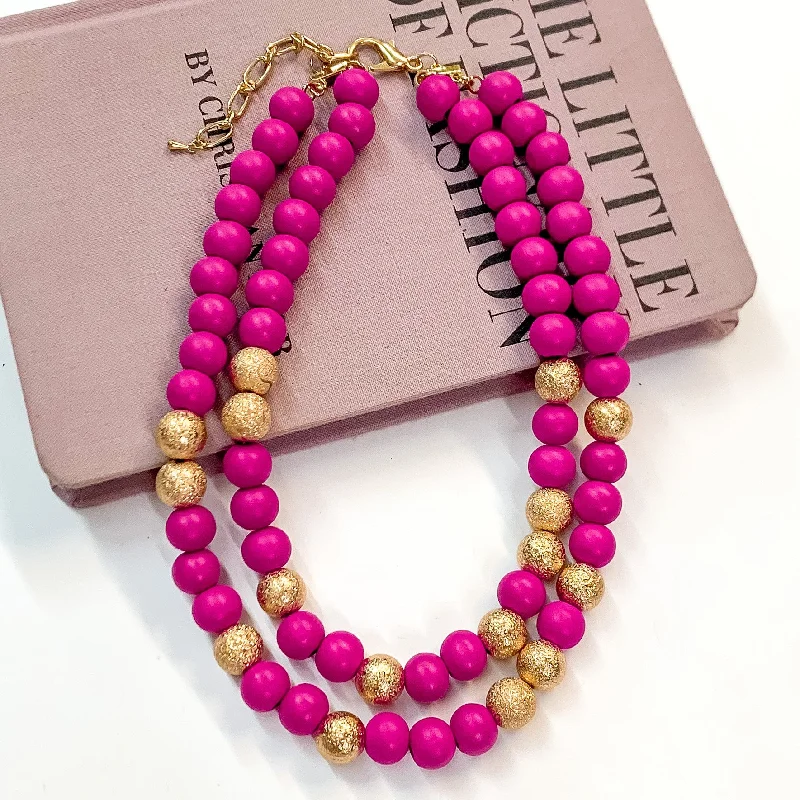 white gold necklaces for women-Making Joy Large Beaded Two Strand Necklace with Gold Tone Spacers in Fuchsia Pink