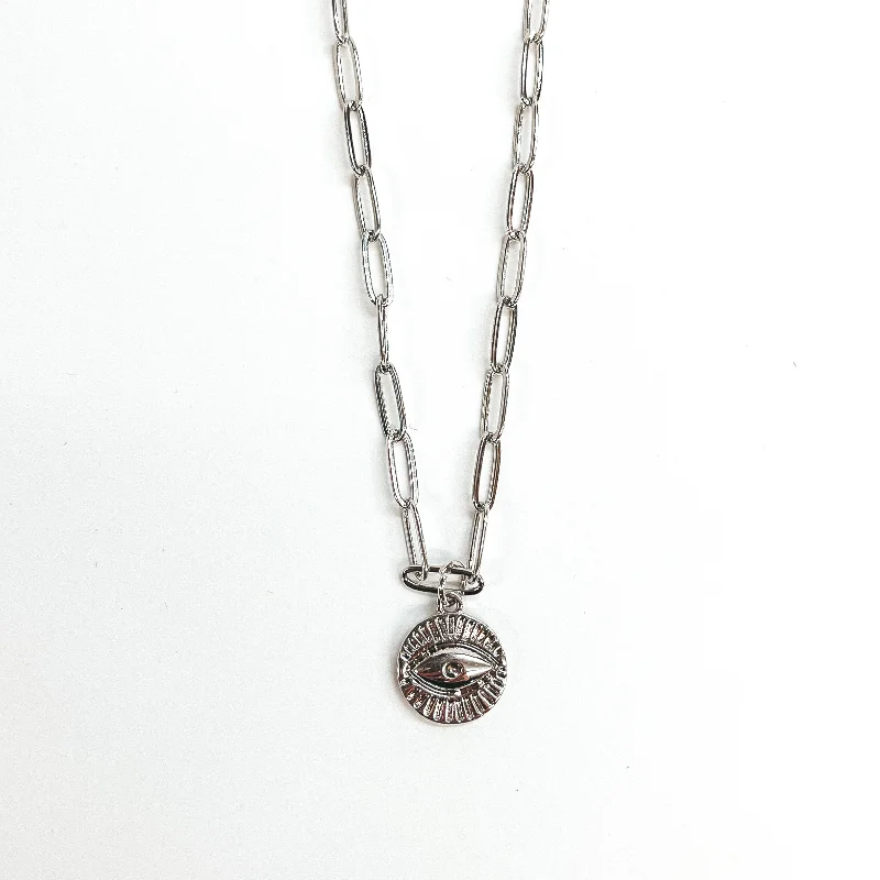 crystal heart necklaces for women-Paperclip Chain with Evil Eye Circle Pendant in Silver