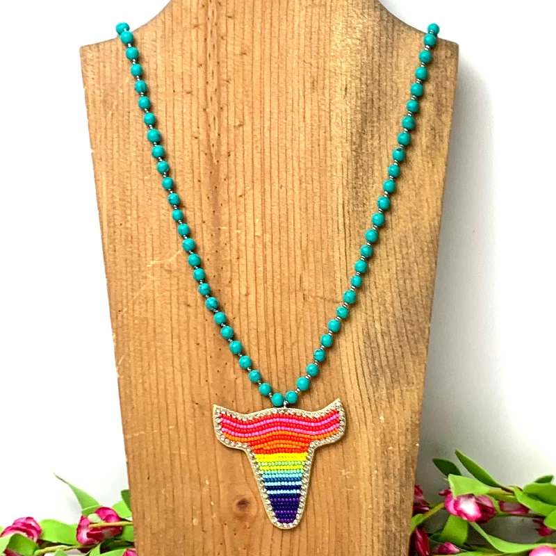 layered necklaces for women-Faux Turquoise Beaded Necklace with Rainbow Seed Bead and Rhinestone Bull Pendant