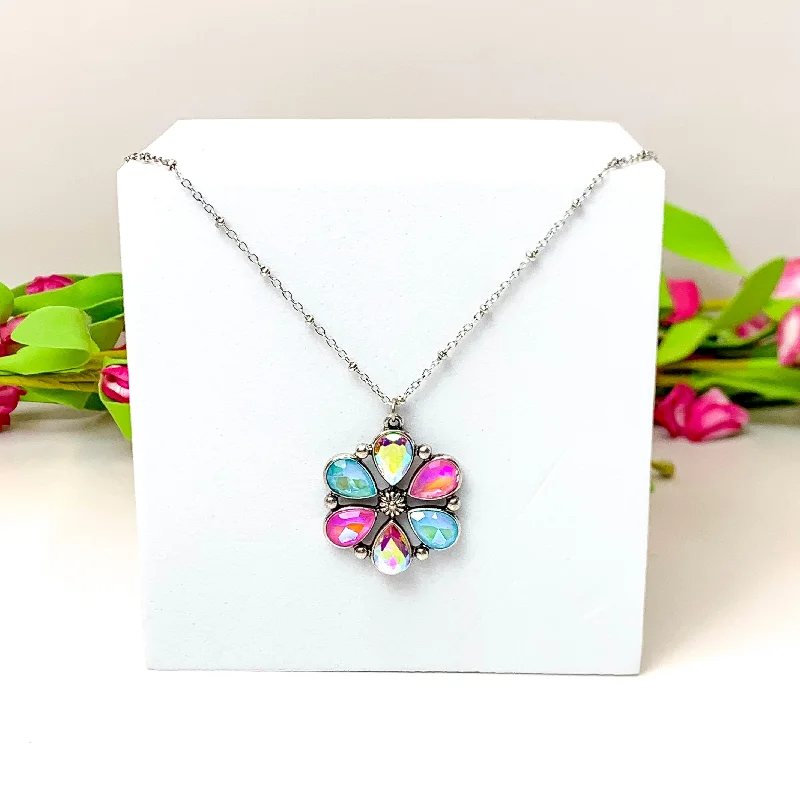 round pendants for women-Petal Perfection Silver Tone Flower Pendant Necklace in Pink and Turquoise