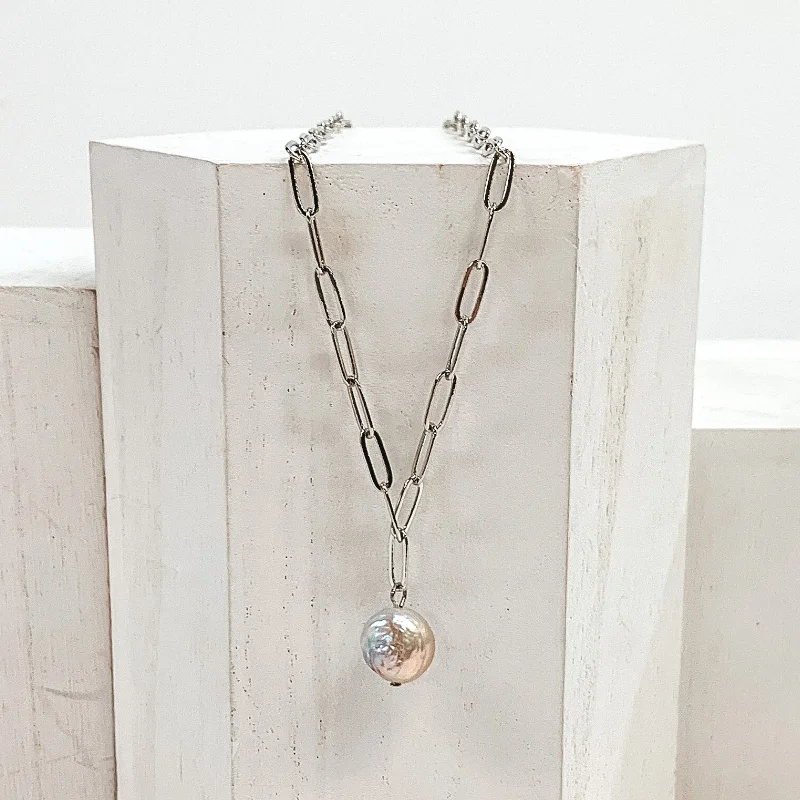 pearl drop necklaces for women-Paperclip Chain Necklace with Freshwater Pearl Drop Pendant in Silver