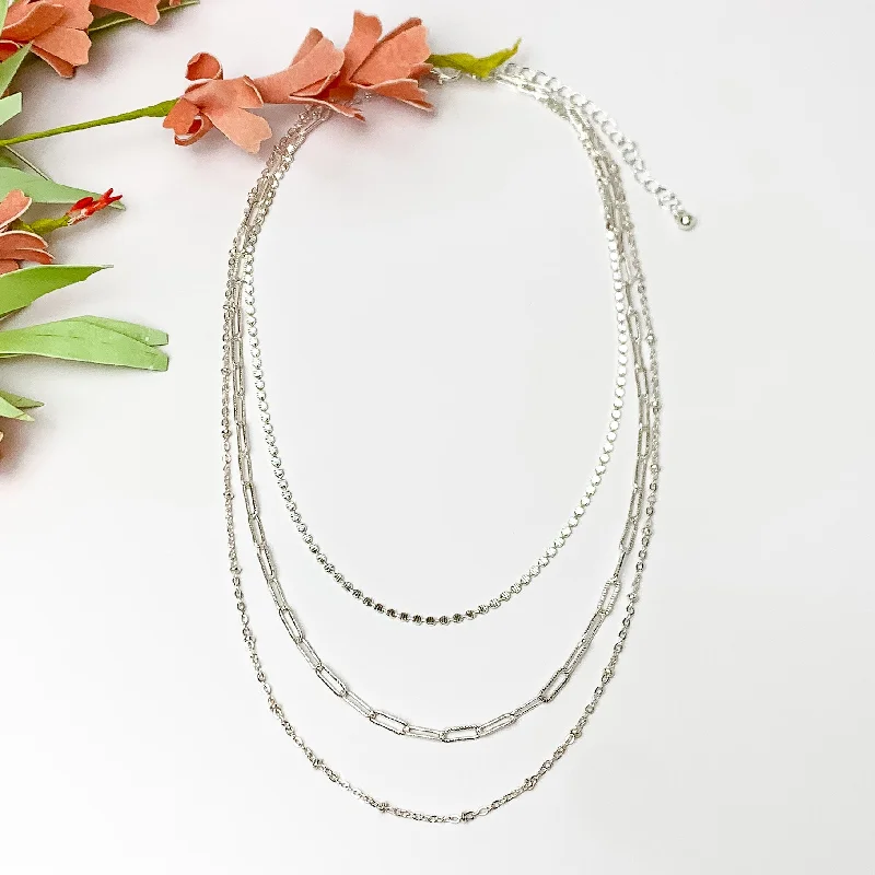 woven necklaces for women-Silver Tone Three Layered Chain Necklace