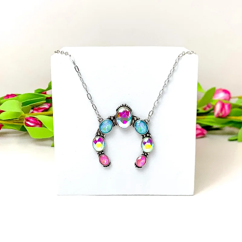 3-layered necklaces for women-Desert Glow Silver Tone Naja Pendant Necklace in Pink and Turquoise