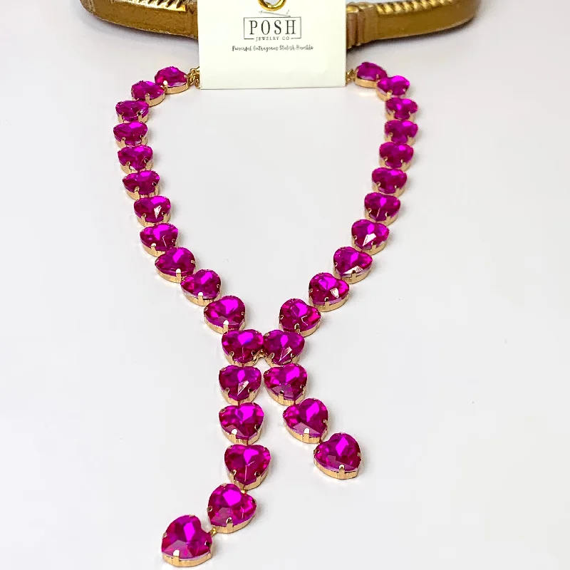 gold heart pendants for women-Posh by Pink Panache | Gold Tone Heart Shaped Fuchsia Crystal Lariat Necklace