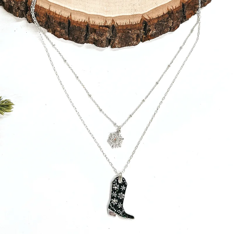 delicate necklaces for women-Winter Fate Double Strand Silver Tone Necklace with Silver Tone Snowflake and Snowflake Patterned Boot Pendant in Black