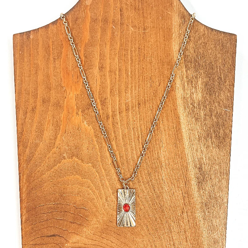 lockets for women-Convince Me Gold Necklace with Sunburst Rectangle Pendant and Small Stone in Red