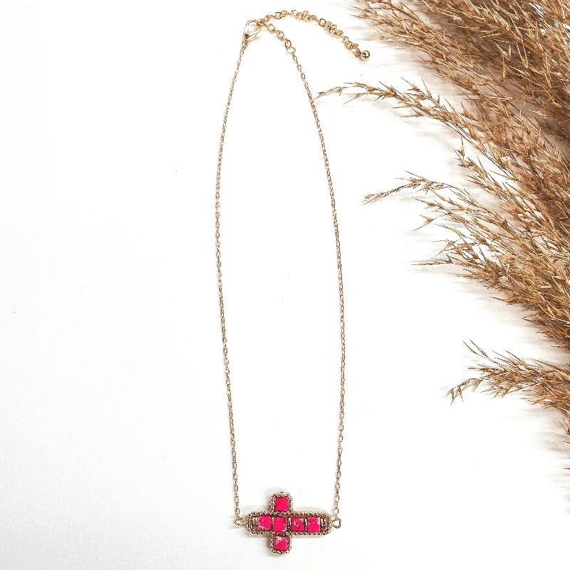 woven gold necklaces for women-Gold Chain Necklace with Semi-Precious Stone Cross Pendant in Fuchsia Pink