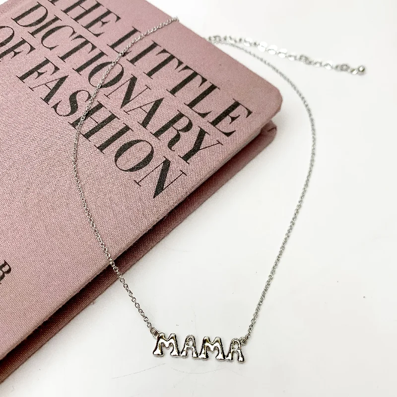 zirconia necklaces for women-Mama Bubble Letter Chain Necklace in Silver Tone