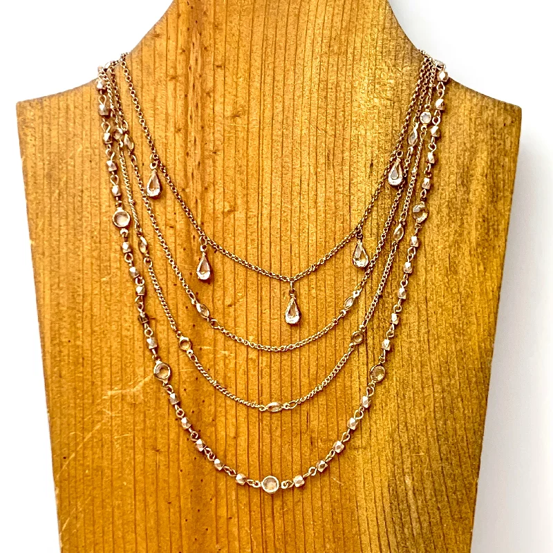 thick chain necklaces for women-Multi Strand Rose Gold Tone Chain Necklace with Clear Crystal Accents