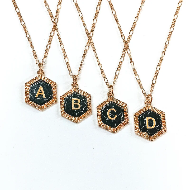 engraved name necklaces for women-Gold Figaro Chain Necklace with Hexagon Initial Pendant in Black