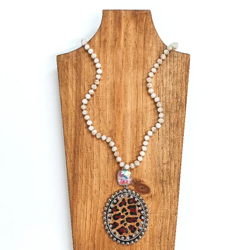 wedding necklaces for women-Crystal Strand Necklace with Leopard Print Pendant and AB Cushion Cut Crystal Connector in Silver