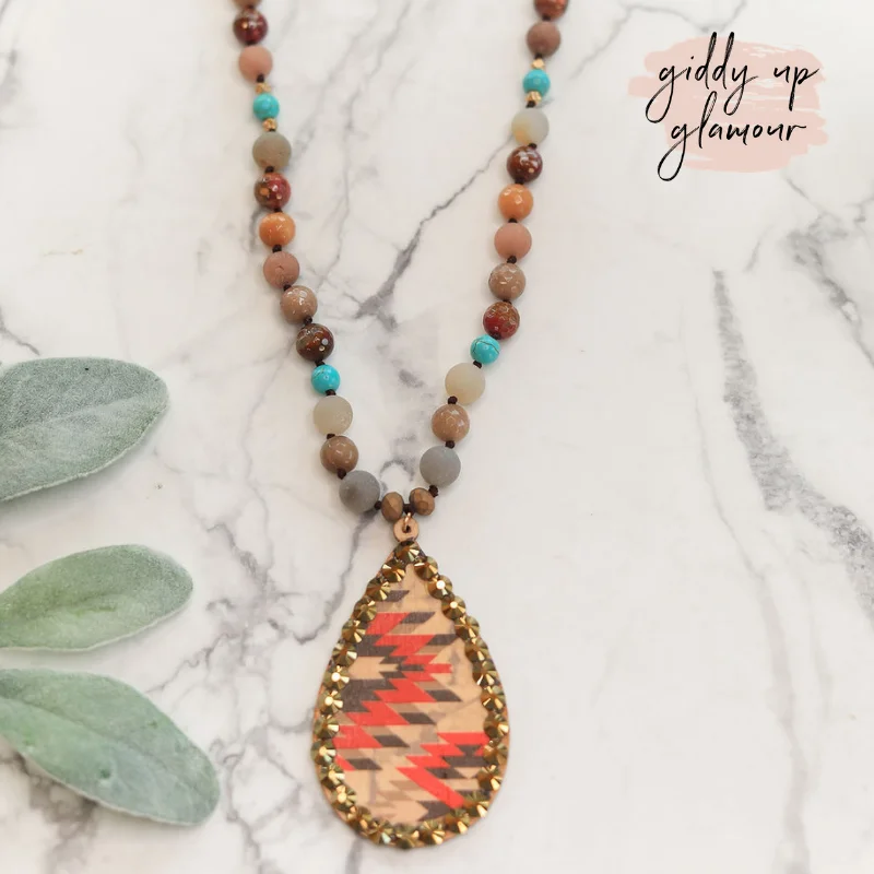 chunky gold necklaces for women-Beaded Teardrop Pendant Necklace in Red Aztec