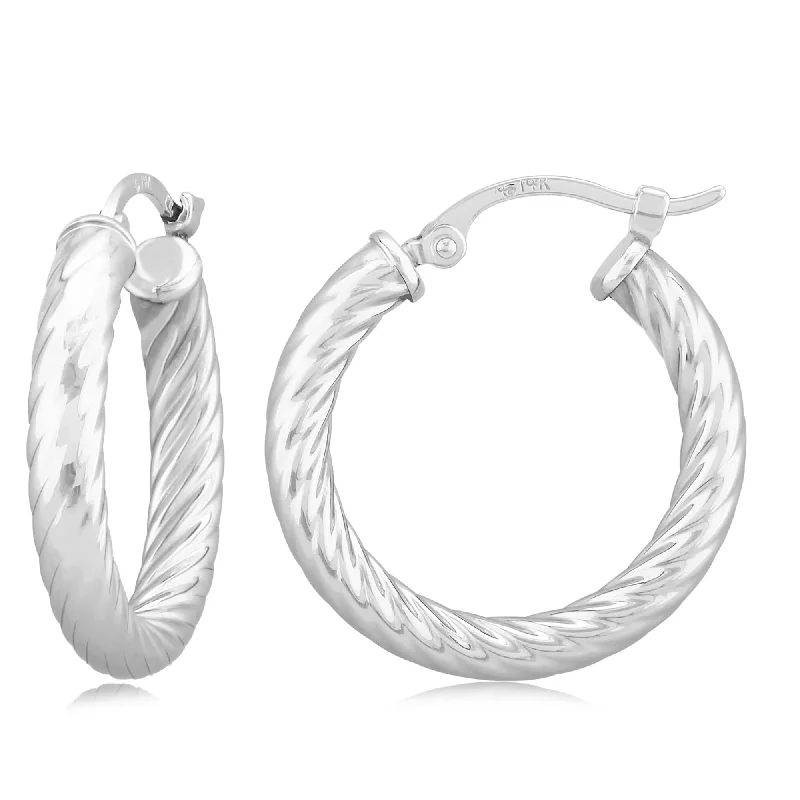 zodiac earrings for women-14K White Gold 3X17mm Twist Tube Hoop Earrings