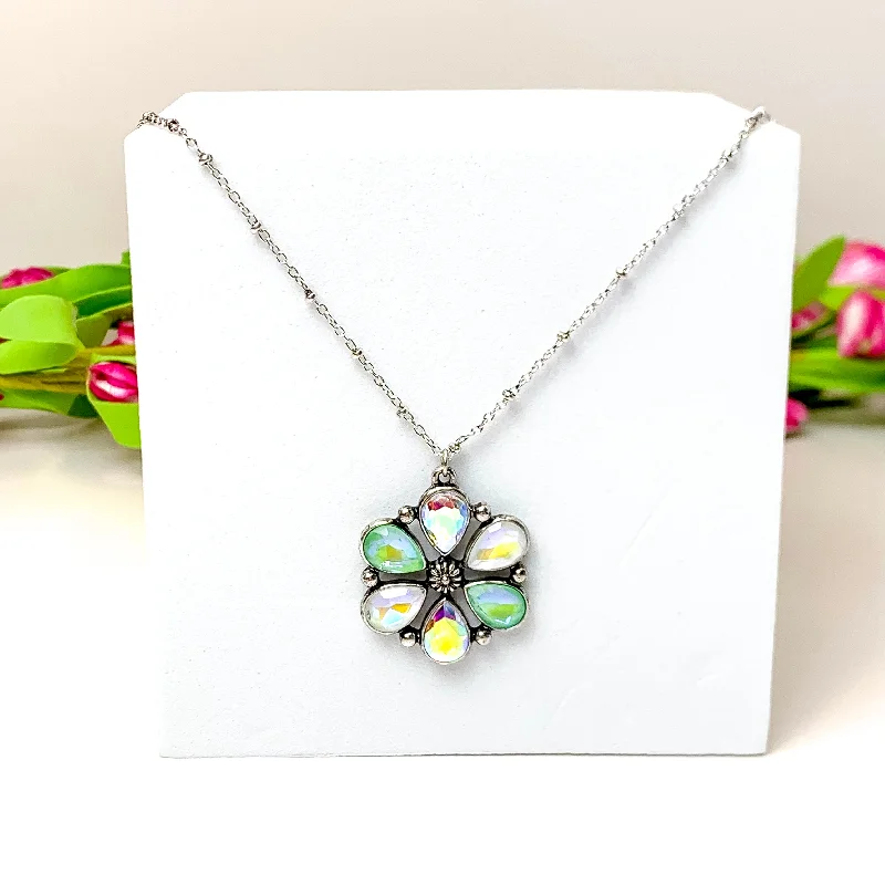 multi-strand necklaces for women-Petal Perfection Silver Tone Flower Pendant Necklace in Green and Ivory