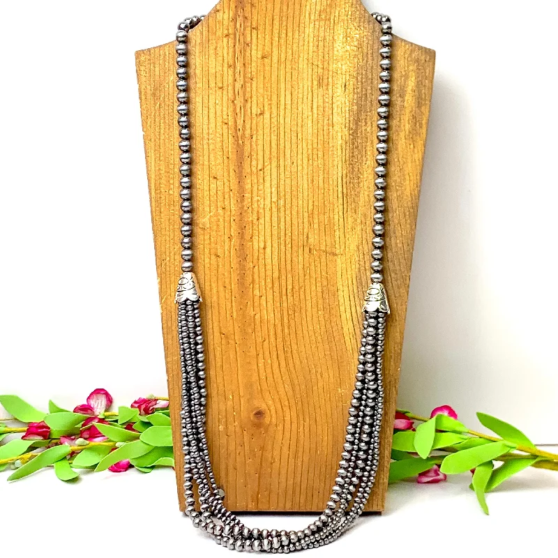 moonstone necklaces for women-Five Row Faux Navajo Pearl Layering Necklace in Silver Tone