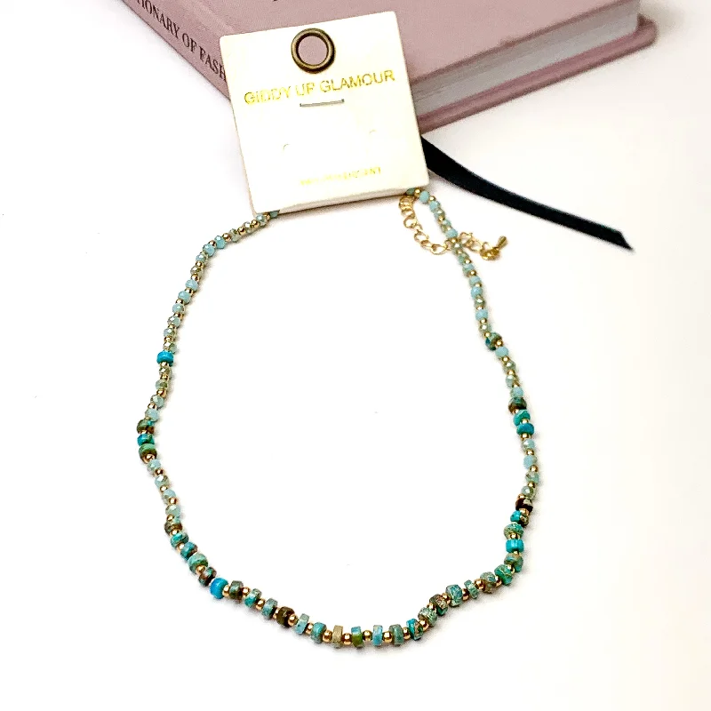 vintage-inspired necklaces for women-Natural Stone and Crystal Beaded Necklace in Turquoise Blue