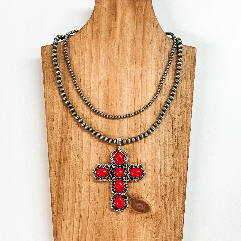 long chain necklaces for women-Two Strand Faux Navajo Pearl Necklace with Cross Pendant in Red