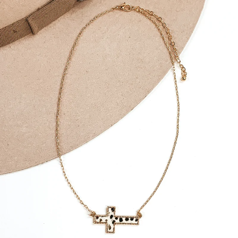 heart-shaped necklaces for women-Gold Paperclip Chain Necklace with Cross Pendant in White Dotted Print