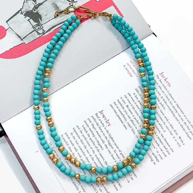 chain necklaces for women-Making Joy Small Beaded Two Strand Necklace with Gold Tone Spacers in Sky Blue