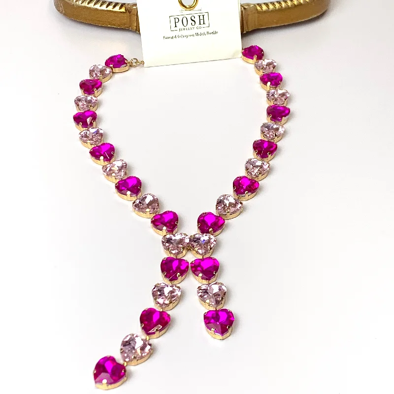 vintage gold necklaces for women-Posh by Pink Panache | Gold Tone Heart Shaped Crystal Lariat Necklace in Fuchsia Pink Mix