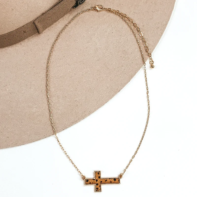 personalized necklaces for women-Gold Paperclip Chain Necklace with Cross Pendant in Brown Dotted Print