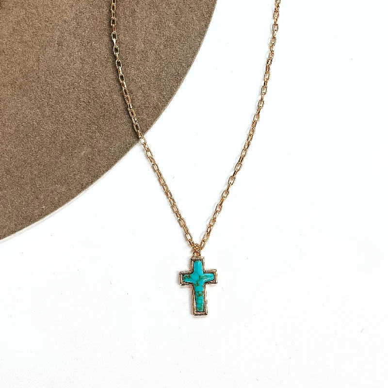 snake chain necklaces for women-Highlight The Good Gold Tone Chain Necklace with Cross Pendant in Turquoise