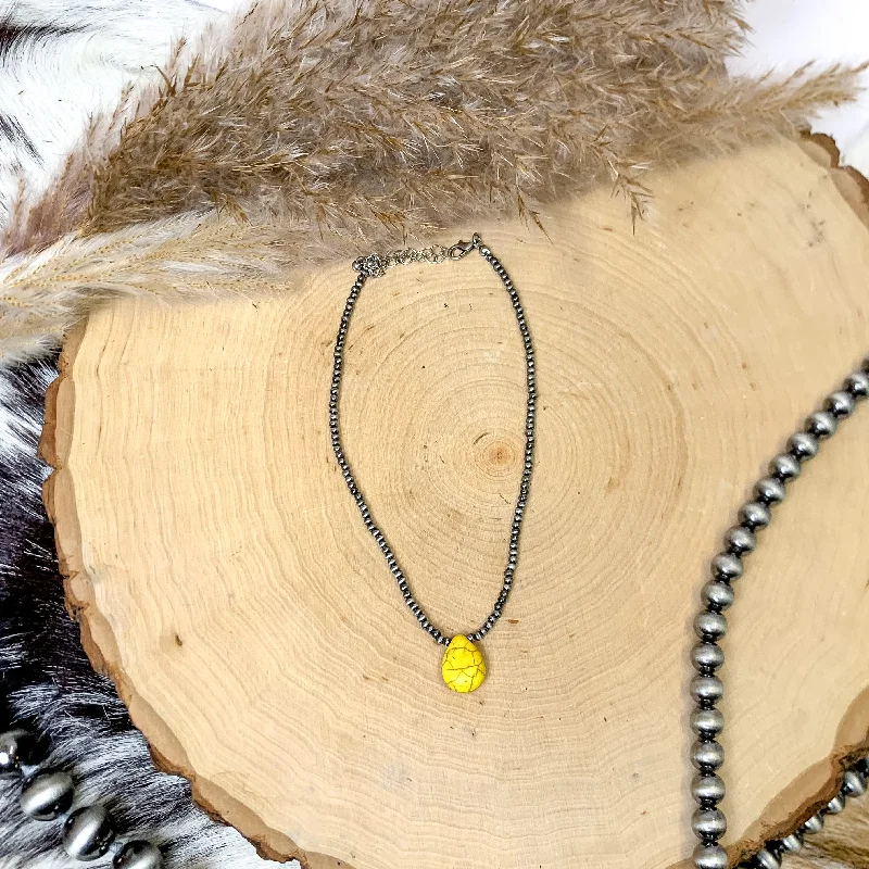 personalized necklaces for women-Small Faux Navajo Pearls Choker Necklace in Silver Tone with Mustard Yellow Teardrop Stone