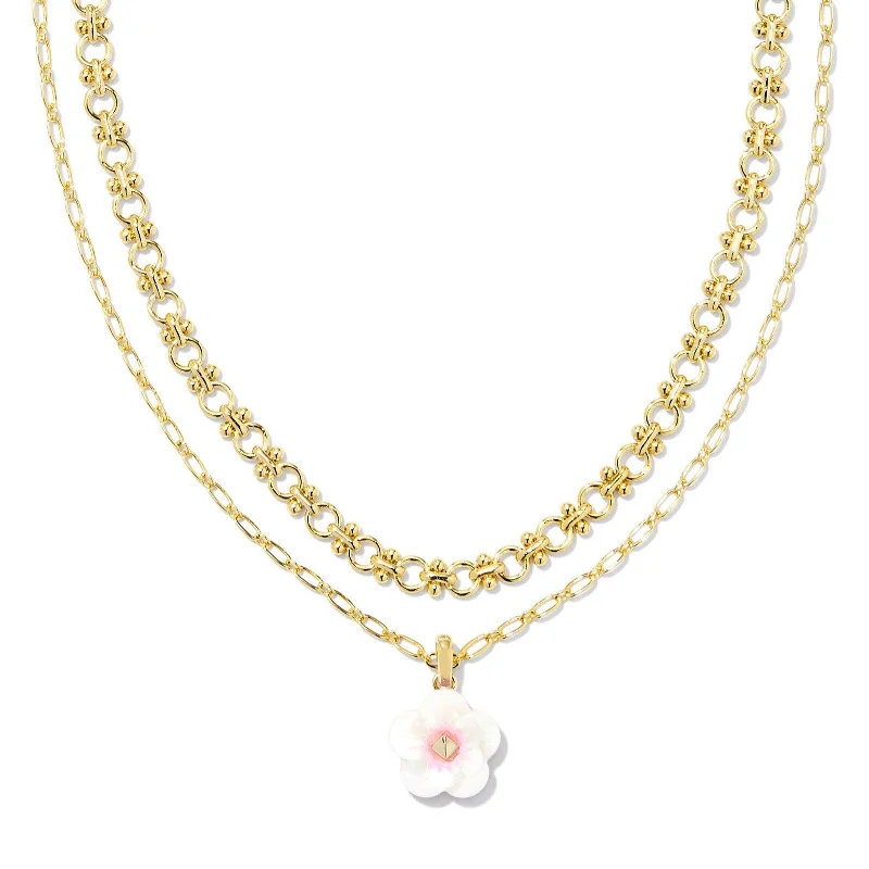 custom necklaces for women-Kendra Scott | Deliah Gold Multi Strand Necklace in Iridescent Pink and White Mix