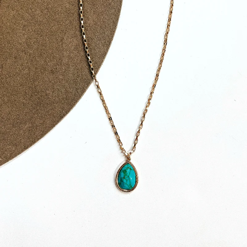 silver heart necklaces for women-Highlight The Good Gold Tone Chain Necklace with Teardrop Pendant in Turquoise