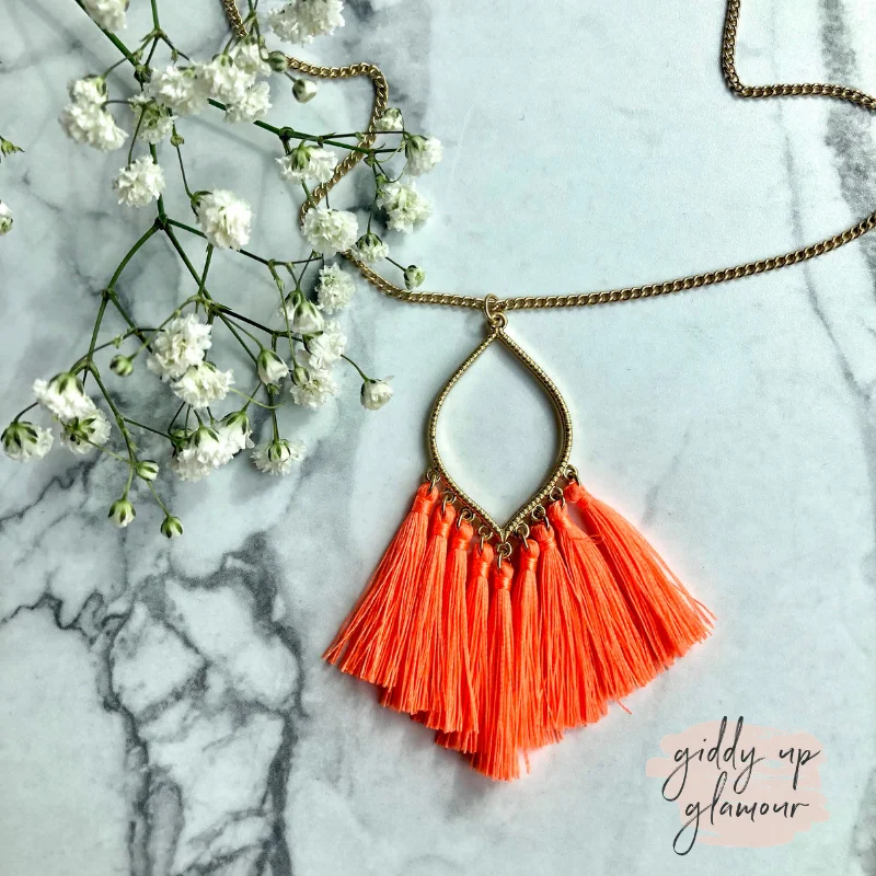 gemstone necklaces for women-Gold Chain Lantern Outline Necklace with Fringe Tassels in Neon Orange