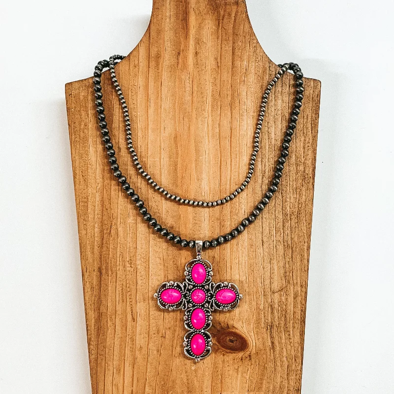 diamond pendants for women-Two Strand Faux Navajo Pearl Necklace with Cross Pendant in Pink