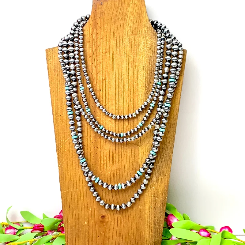 beaded necklaces for women-Five Row Faux Navajo Pearl Layered Necklace with Faux Turquoise Disk Bead Spacers in Silver Tone