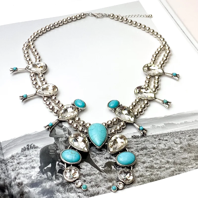 statement chain necklaces for women-Double Strand Beaded Squash Blossom Necklace and Naja Pendant with Faux Turquoise Stones and Clear Crystals