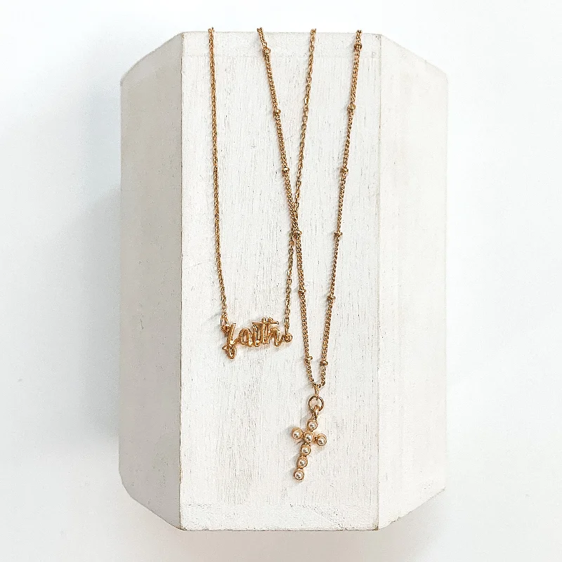 floral necklaces for women-Double Layered Necklace with Faith and Pearl Cross Pendant in Gold