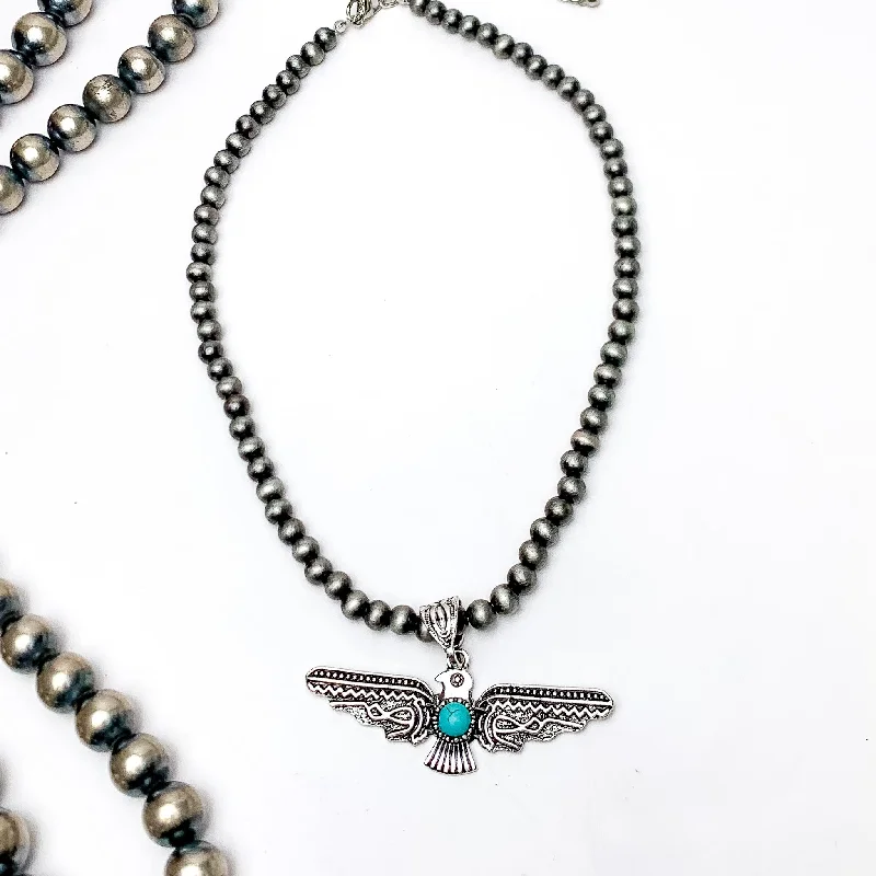 woven necklaces for women-Thunder Bird Pendent Silver Tone Beaded Necklace