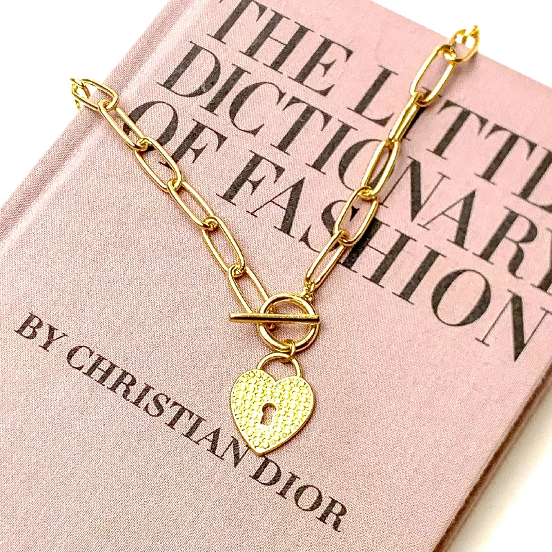 long chain necklaces for women-Gold Chained Necklace with Heart Pendant and Toggle Clasp