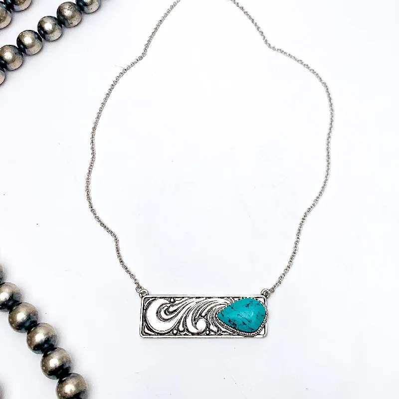 layered silver necklaces for women-Western Swirl Silver Tone Necklace With Bar Pendent and Turquoise Stone