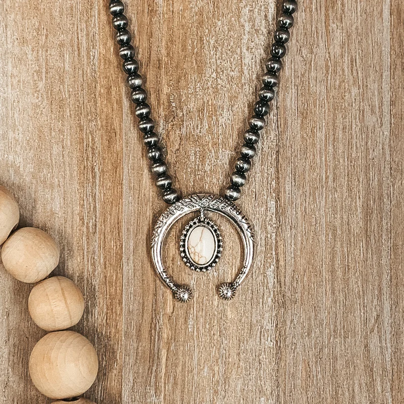 sapphire necklaces for women-Squash Blossom with Ivory Oval Pendant and Navajo Inspired Pearl Necklace