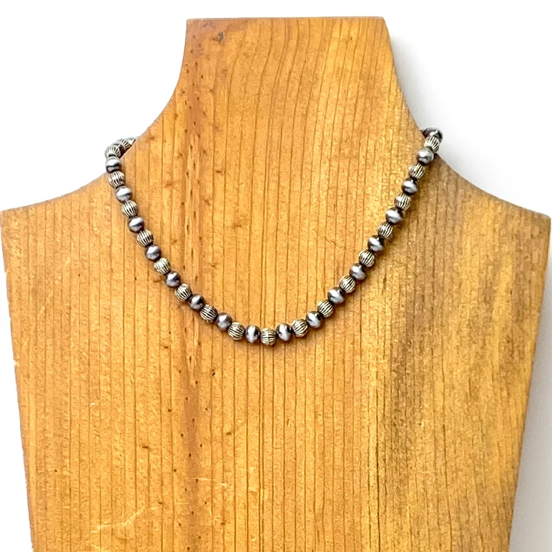 custom name necklaces for women-Faux Navajo Pearl Choker Necklace with Corrugated Spacers in Silver Tone