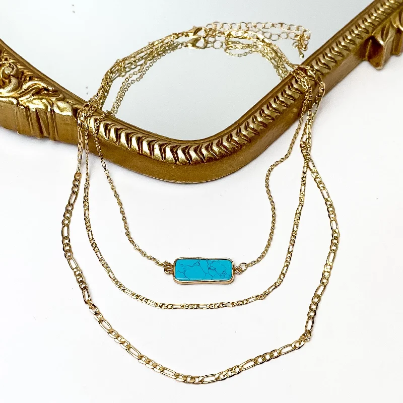 layered pearl necklaces for women-Turquoise Stone Pendant Gold Tone Chain Three layered Necklace