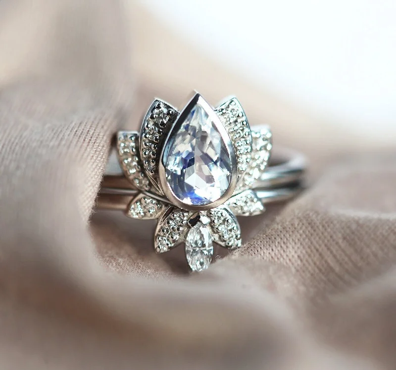 classic solitaire engagement rings for women-Lakshmi Pear Moonstone Diamond Ring Set