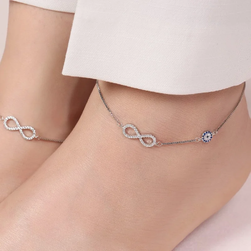 silver heart anklet for women-Evil Eye Guardian Rhodium Plated 925 Sterling Silver Anklet