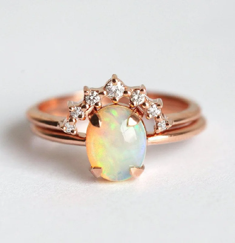 custom-cut engagement rings for women-Natalie Australian Opal And Diamond Ring Set